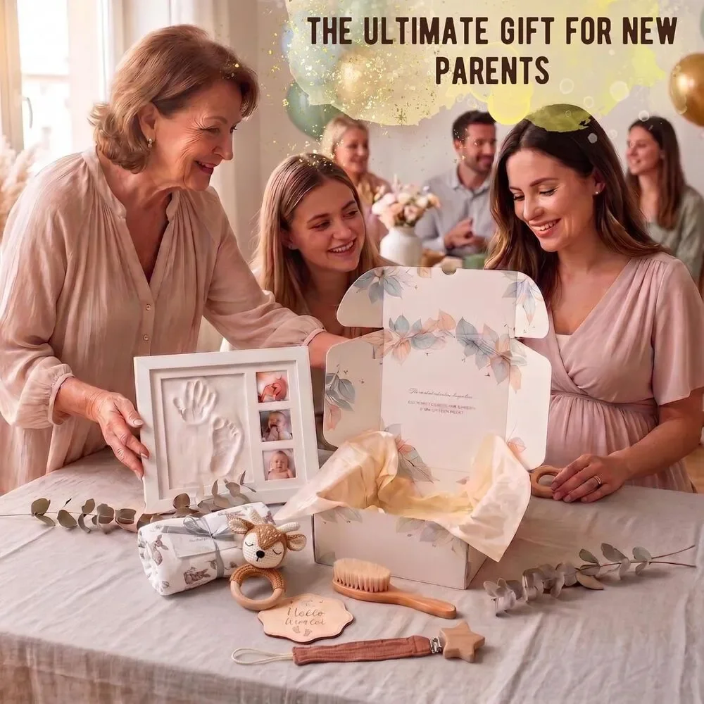 NEW Newborn Baby Gift Set 6 Pc Bamboo Blanket Footprint Frame Fawn Gift Box